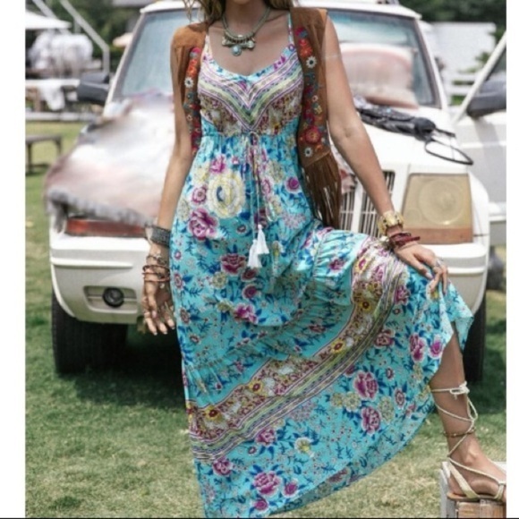 Rusttydustty Dresses & Skirts - Bohemian Floral Maxi Dress – Women’s Medium, Light Blue, Everyday Boho